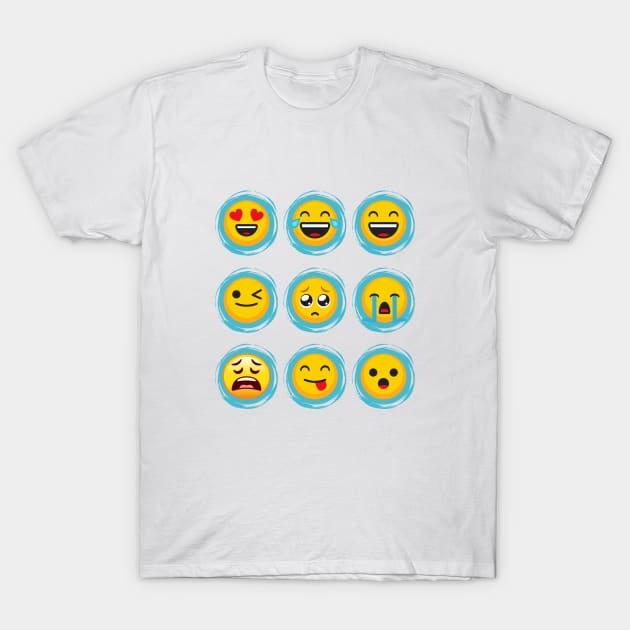 Emojination 9 Classic Yellow Faces Blue Circles T-Shirt by Elysian Alcove